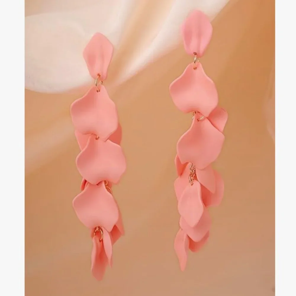 Floral Elegant long Pink Rose petals Earrings